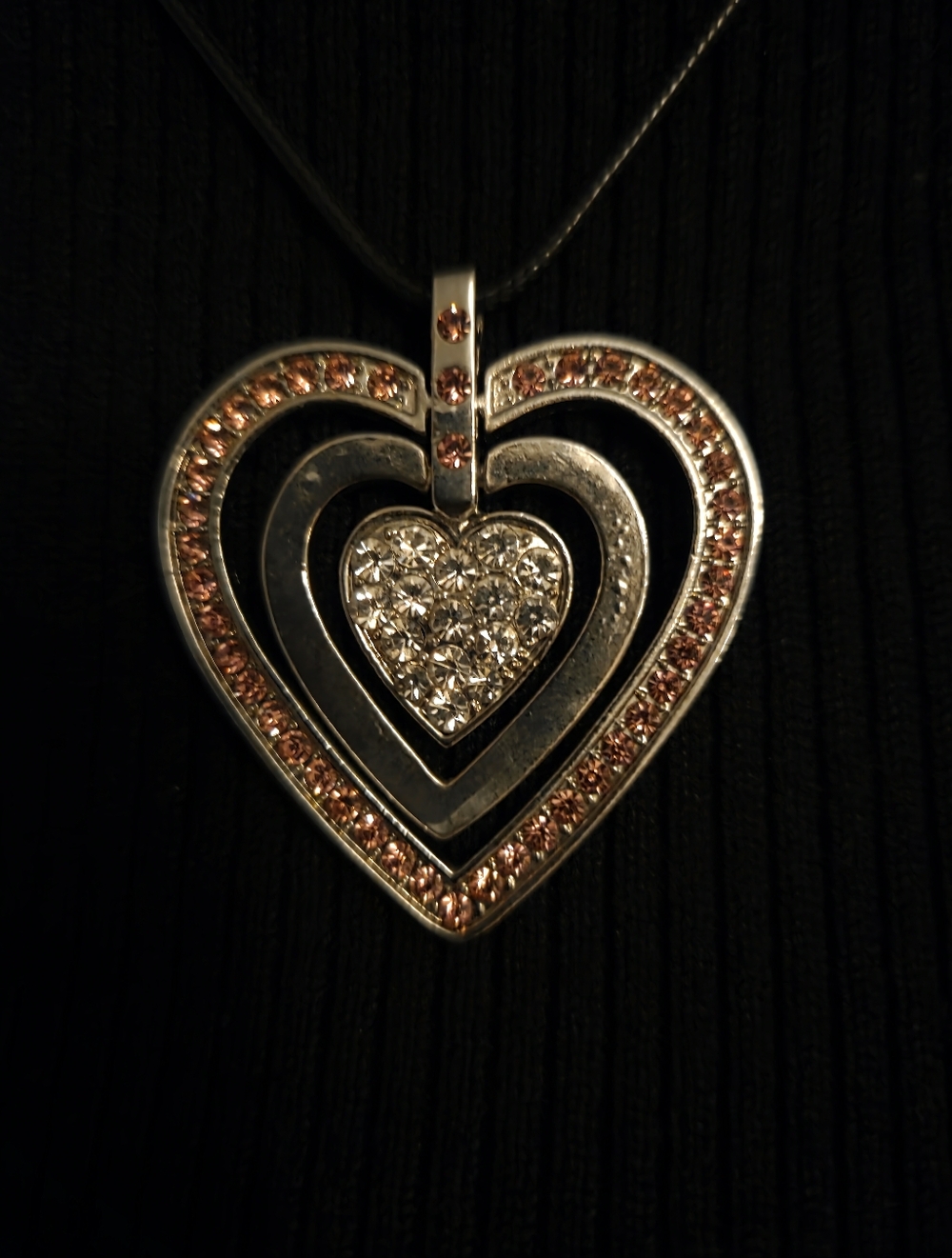 Silver Heart Pendant Necklace with Pink Crystal Accents